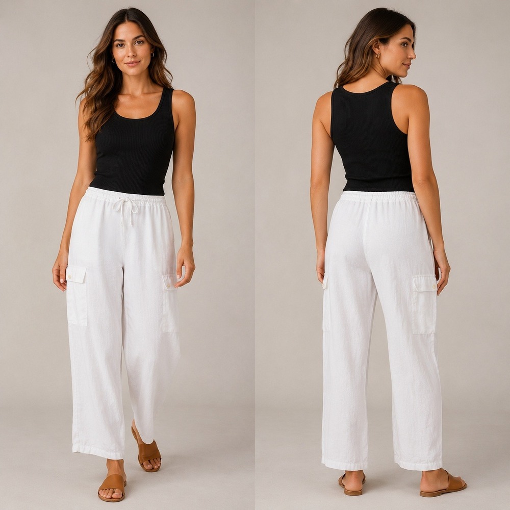 Vintage Y2K Mossimo Linen Wide Leg Cargo Pants White Drawstring Women's Small